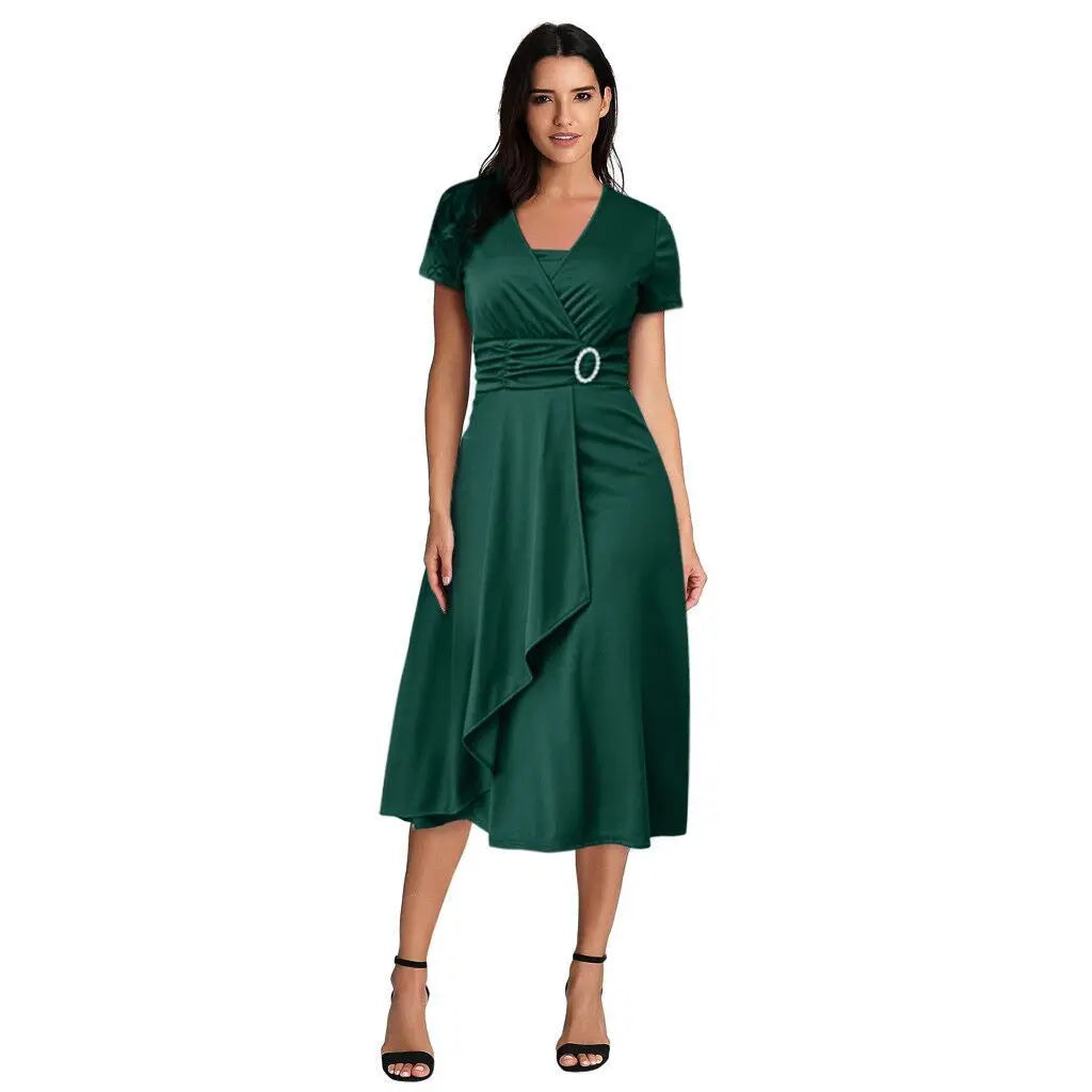 Roselina Elegant Women Solid Color Short Sleeve V Neck Dress